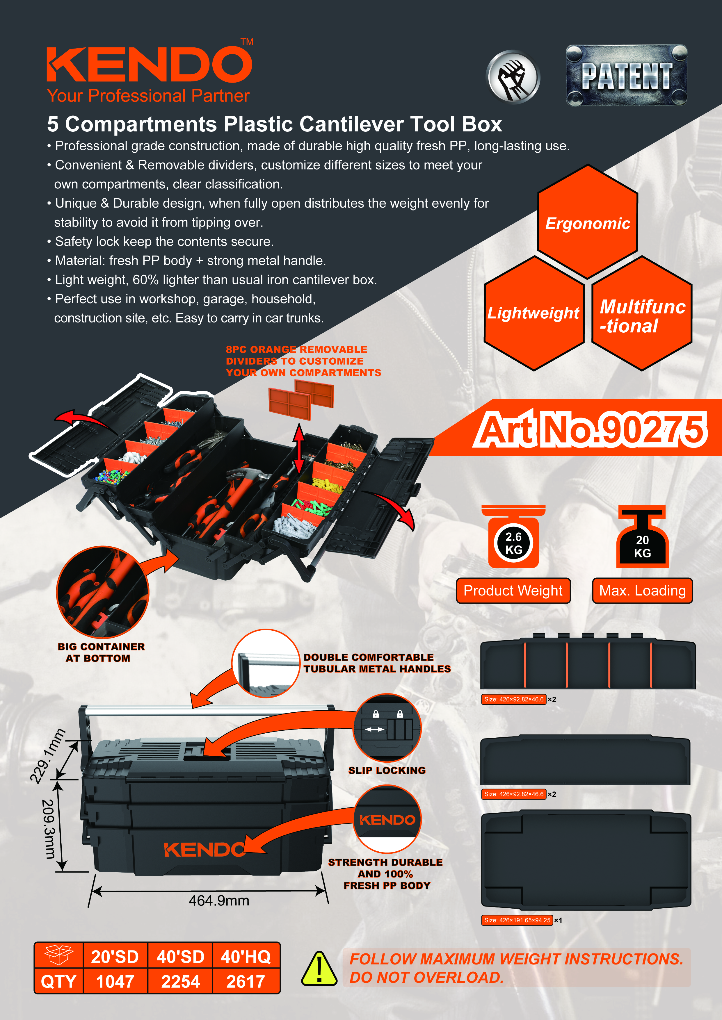 Kotak peralatan plastik kantilever 5 kompartemen